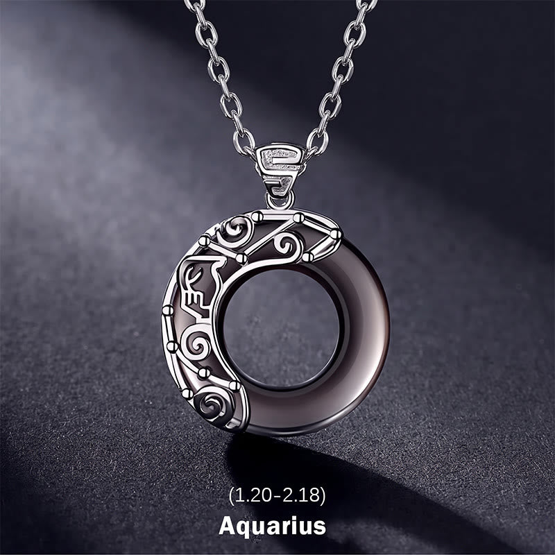 Buddha Stones 12 Constellations of the Zodiac Ice Obsidian Blessing Round Pendant Necklace - Aquarius - 925 Sterling Silver Chain - image 22