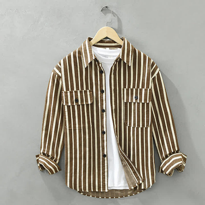 Buddha Stones Spring Casual Classic Button-Up Striped Men's Long Sleeve Shirts With Pocket - SaddleBrown - US/UK/AU42，EU52 (3XL) - image 9
