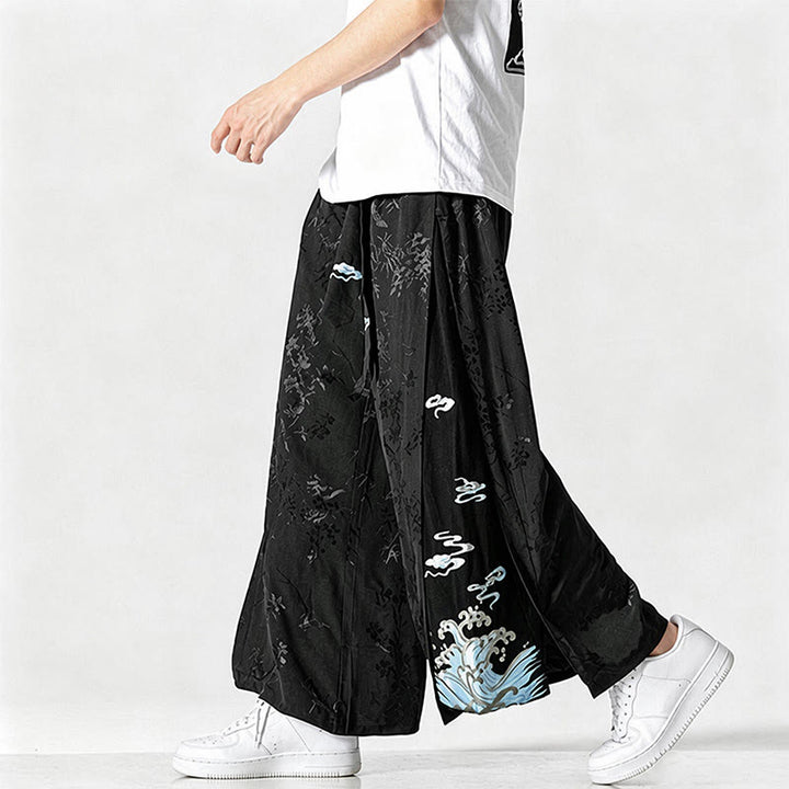 Buddha Stones Spring Summer Tang Style Drawstring Embroidery Abstract Cropped Pants Men's Wide Leg Pants With Pocket - image 4