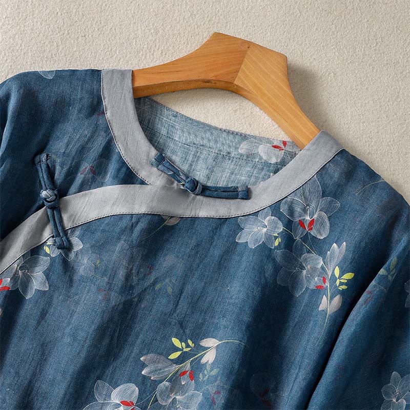 Buddha Stones Spring Summer Tang Style Vintage Frog Button Floral Cotton Linen Women's Elbow-Length Sleeve Shirts - image 3