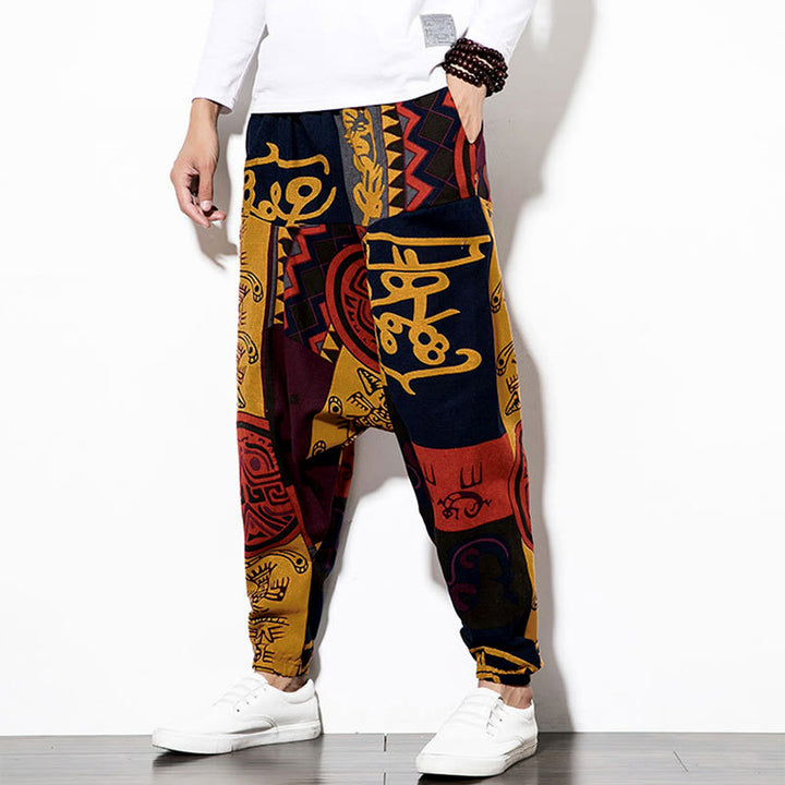 Buddha Stones Red Brown Graffiti Bird Print Men's Harem Pants With Pockets - image 3