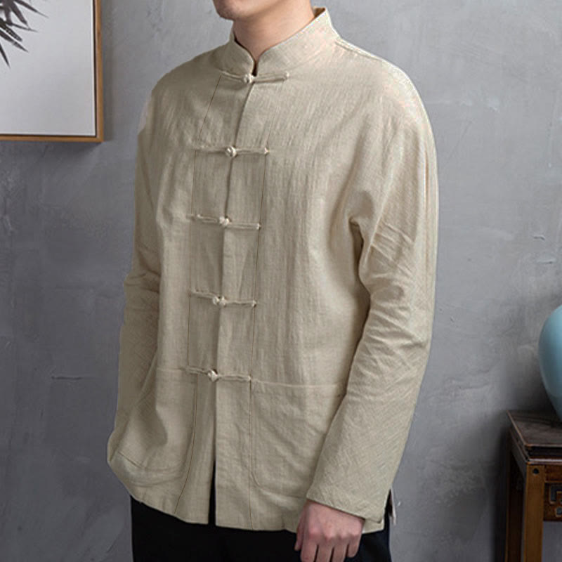 Buddha Stones Solid Color Casual Frog-button Men's Shirt Clothing - image 1