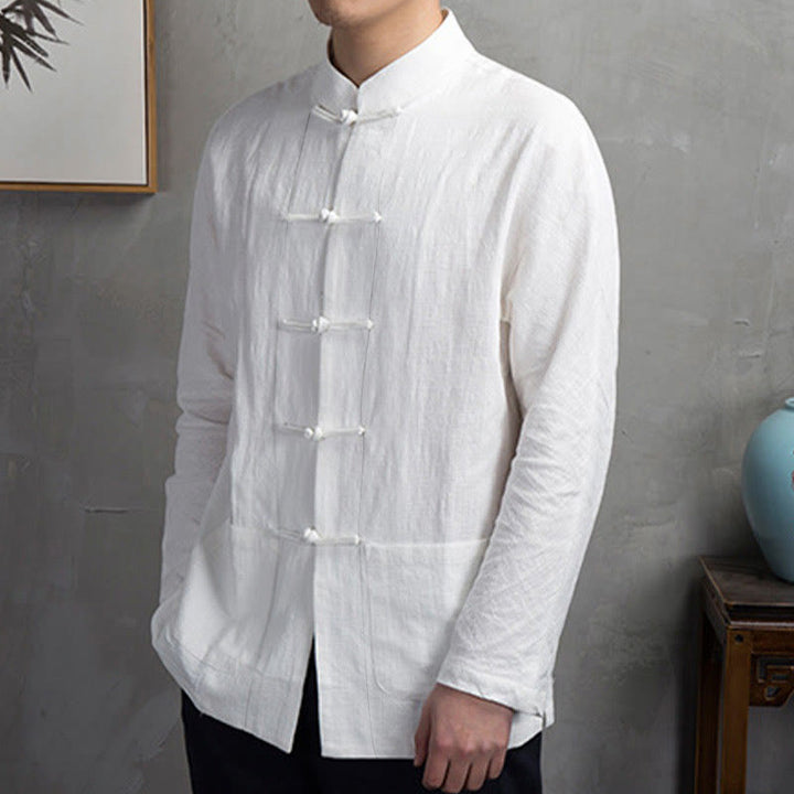 Buddha Stones Solid Color Casual Frog-button Men's Shirt Clothing - image 3