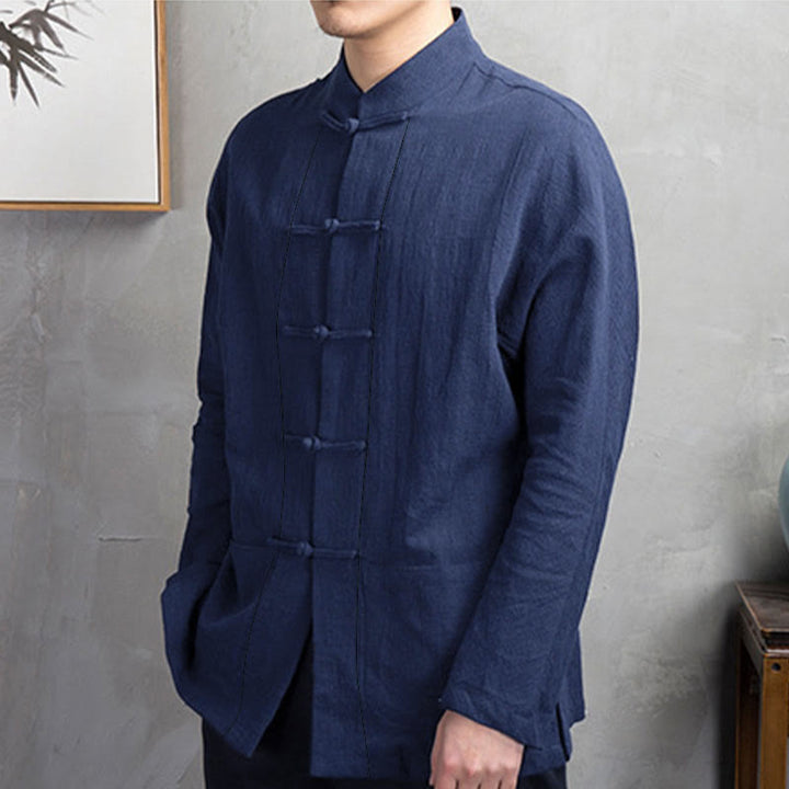 Buddha Stones Solid Color Casual Frog-button Men's Shirt Clothing - image 6
