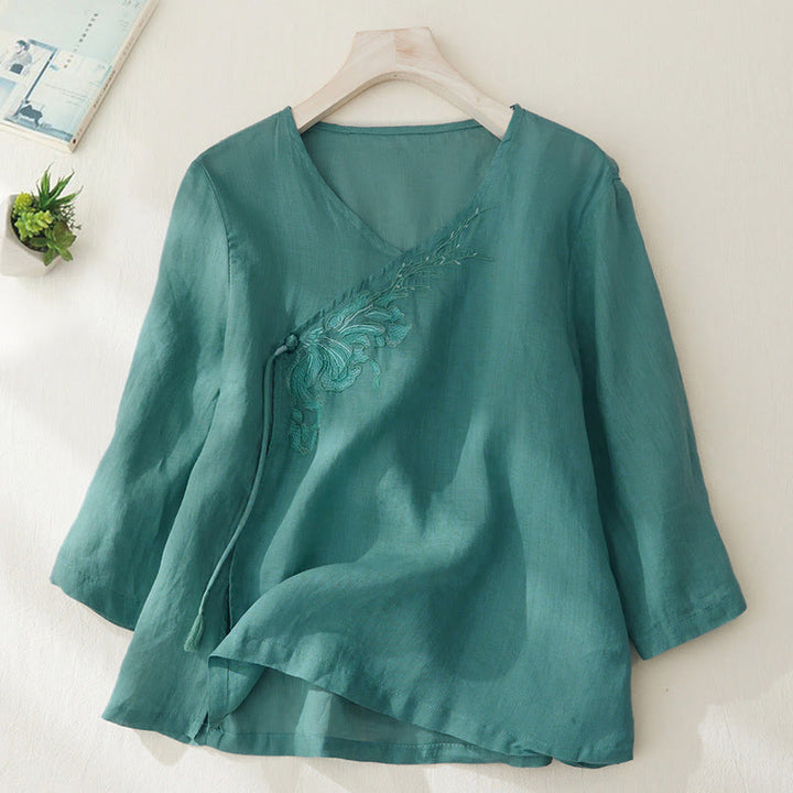 Buddha Stones Casual Women's Embroidery Plants Design Three Quarter Sleeve Shirt - LightSeaGreen - US8-10，UK/AU12-14，EU40-42 (2XL) - image 20