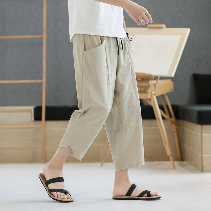 Buddha Stones Summer Men's Solid Color 7-8 Length Drawstring Pants With Pockets - image 39