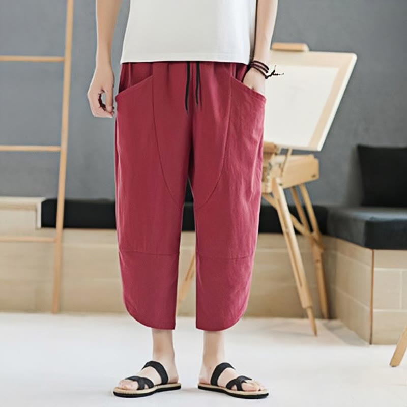 Buddha Stones Summer Men's Solid Color 7-8 Length Drawstring Pants With Pockets - image 28