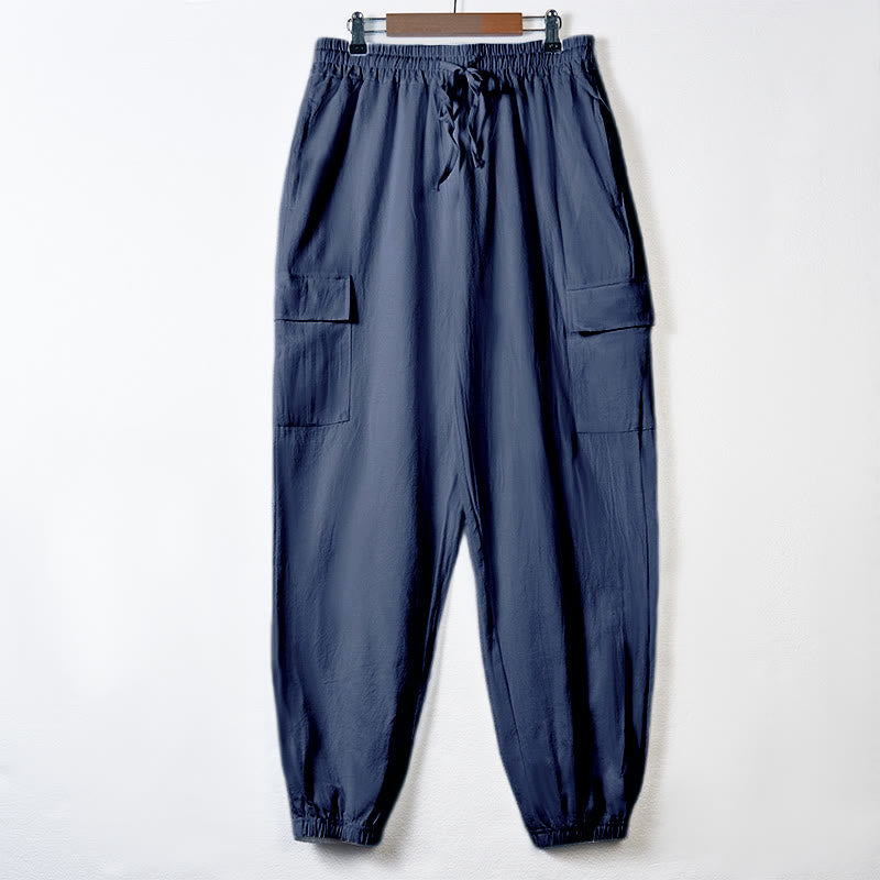 Buddha Stones Solid Color Linen Drawstring Men's Cargo Pants With Pockets - SteelBlue - US/UK/AU46，EU56 (3XL) - image 28