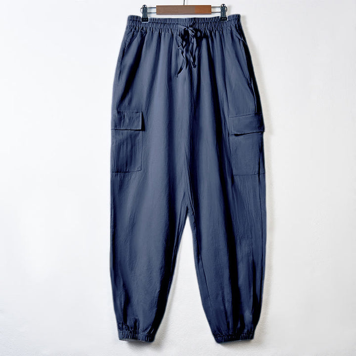Buddha Stones Solid Color Linen Drawstring Men's Cargo Pants With Pockets - SteelBlue - US/UK/AU46，EU56 (3XL) - image 28