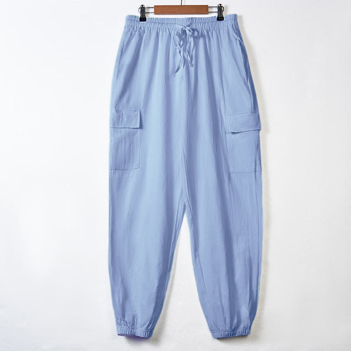 Buddha Stones Solid Color Linen Drawstring Men's Cargo Pants With Pockets - LightSkyBlue - US/UK/AU46，EU56 (3XL) - image 9
