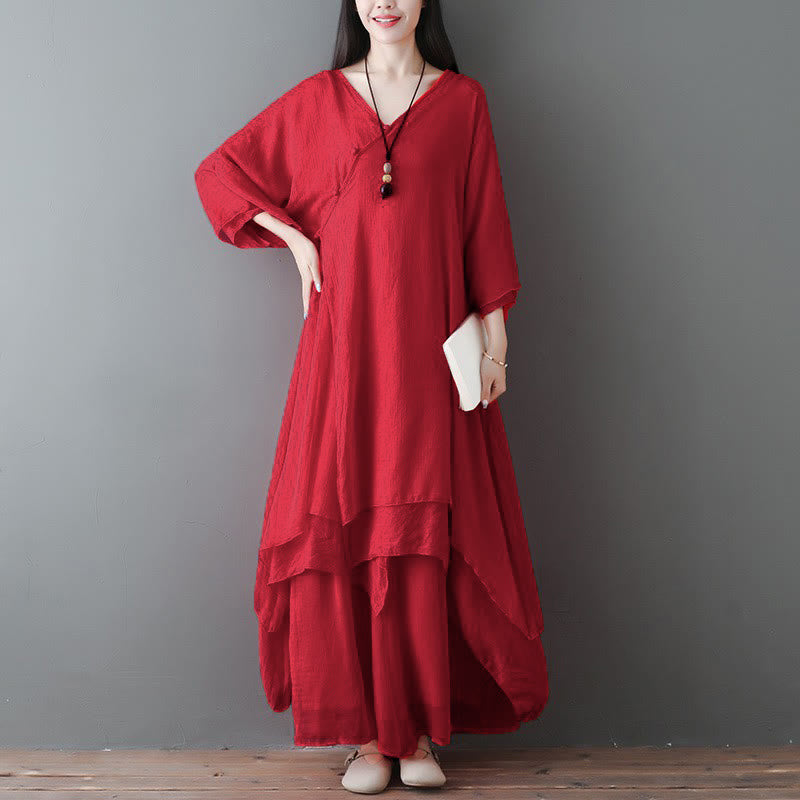 Buddha Stones V-Neck Midi Tunic Dress Wide Leg Pants Meditation Zen Practice Dance Clothing - 2Pcs Red(Dress&Pants) - US12，UK/AU16，EU44 (2XL) - image 7