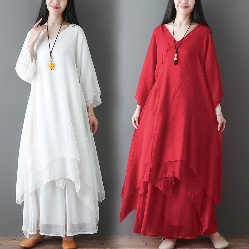 Buddha Stones V-Neck Midi Tunic Dress Wide Leg Pants Meditation Zen Practice Dance Clothing - image 20