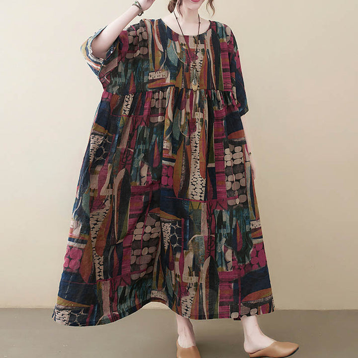 Buddha Stones Colorful Graphics Midi Dress Half Sleeve Tunic Dress With Pockets - image 7