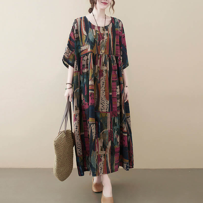 Buddha Stones Colorful Graphics Midi Dress Half Sleeve Tunic Dress With Pockets - image 2