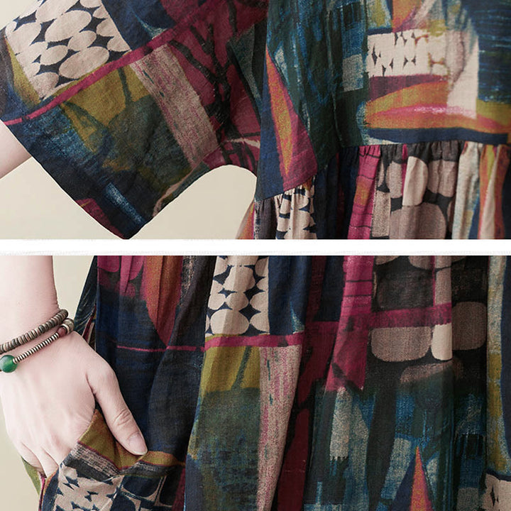 Buddha Stones Colorful Graphics Midi Dress Half Sleeve Tunic Dress With Pockets - image 9