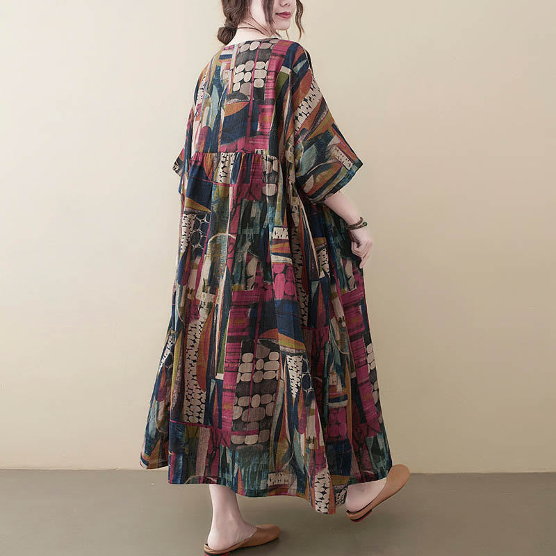 Buddha Stones Colorful Graphics Midi Dress Half Sleeve Tunic Dress With Pockets - image 4