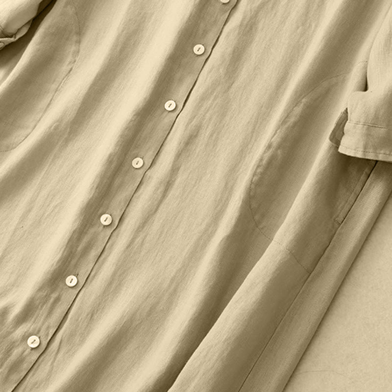 Buddha Stones Fall Commute Plain Buttons Design Long Sleeve Knee Length Dress With Pockets - image 13