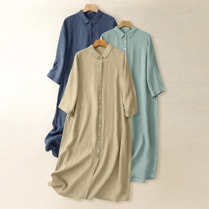 Buddha Stones Fall Commute Plain Buttons Design Long Sleeve Knee Length Dress With Pockets - image 0