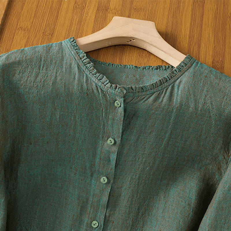 Buddha Stones Spring Solid Color Buttons Design Ruffled Crew Neck Women's Shirt - image 1