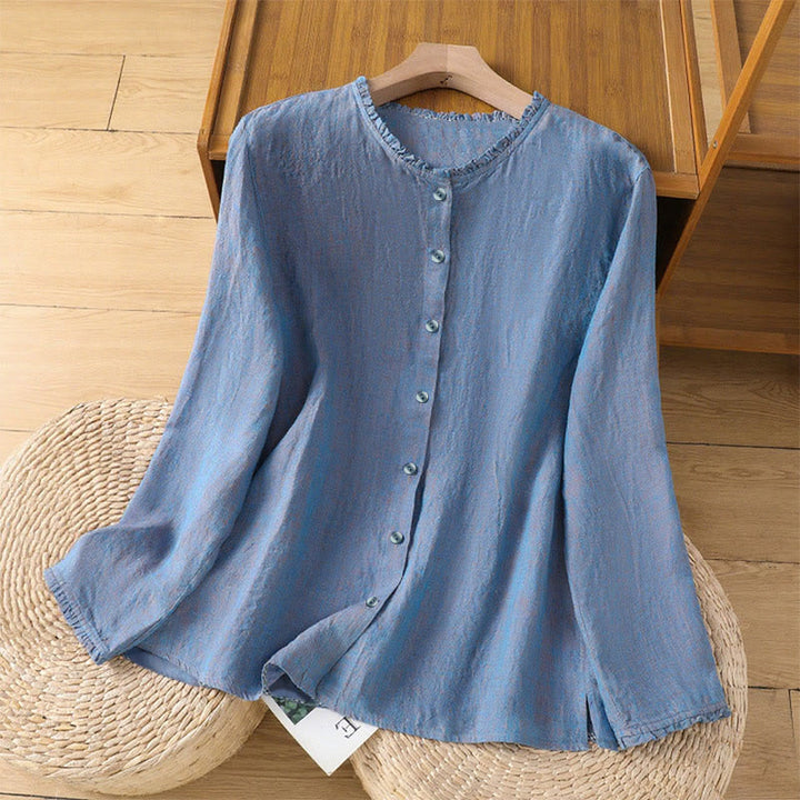 Buddha Stones Spring Solid Color Buttons Design Ruffled Crew Neck Women's Shirt - CornflowerBlue - US14，UK/AU18，EU46 (2XL) - image 16