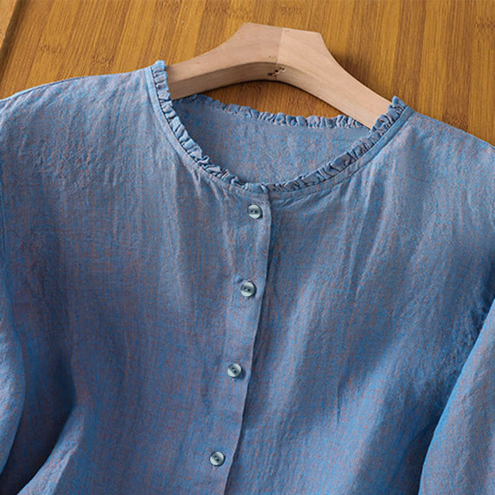 Buddha Stones Spring Solid Color Buttons Design Ruffled Crew Neck Women's Shirt - image 17