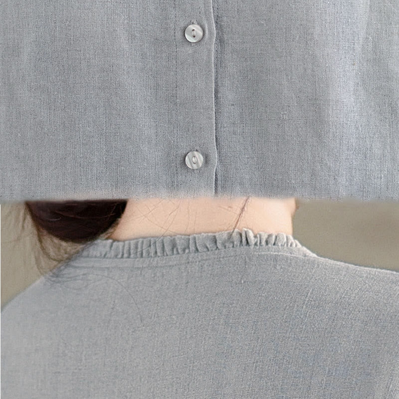 Buddha Stones Spring Solid Color Buttons Design Ruffled Crew Neck Women's Shirt - image 14