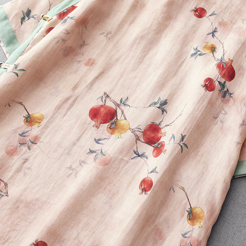 Buddha Stones Frog-Button Orchid Pomegranate Flowers Pattern Side Slit Design Half Sleeve Midi Dress - image 5