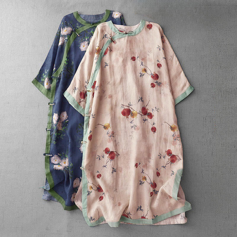 Buddha Stones Frog-Button Orchid Pomegranate Flowers Pattern Side Slit Design Half Sleeve Midi Dress - image 0