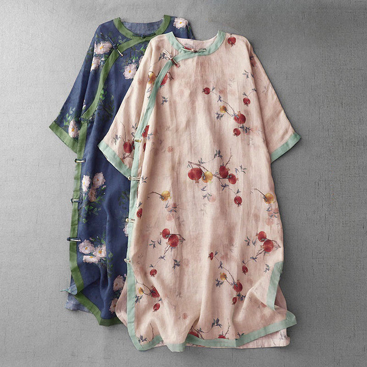 Buddha Stones Frog-Button Orchid Pomegranate Flowers Pattern Side Slit Design Half Sleeve Midi Dress - image 0