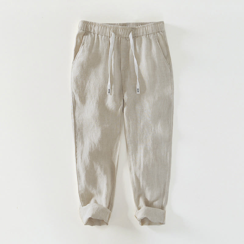 Buddha Stones Fall Solid Drawstring Elastic Waist Men's Linen Ankle-Length Pants With Pockets - Beige - US/UK/AU44，EU54 (4XL) - image 0