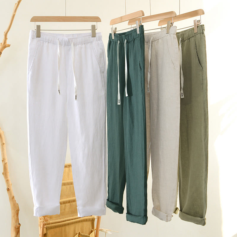 Buddha Stones Fall Solid Drawstring Elastic Waist Men's Linen Ankle-Length Pants With Pockets - image 33