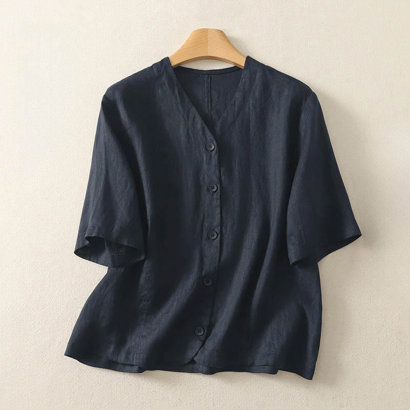Buddha Stones Summer Solid Color V-Neck Buttons Simple Design Women's Short Sleeve Shirt - MidnightBlue - US8-10，UK/AU12-14，EU40-42 (2XL) - image 14
