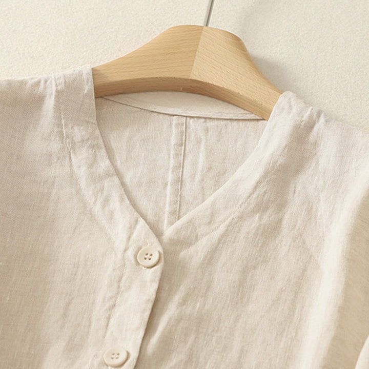 Buddha Stones Summer Solid Color V-Neck Buttons Simple Design Women's Short Sleeve Shirt - image 6