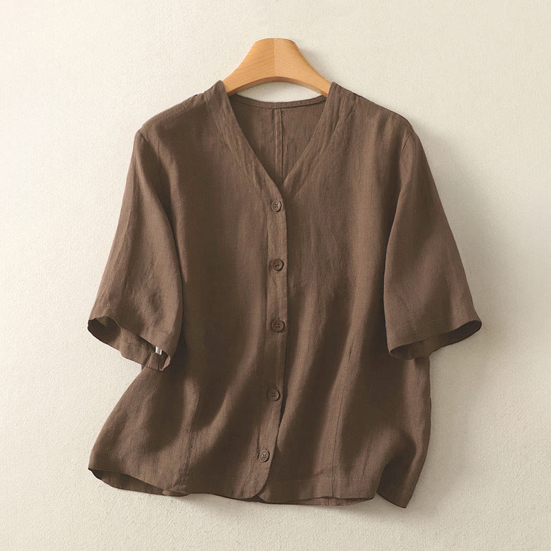 Buddha Stones Summer Solid Color V-Neck Buttons Simple Design Women's Short Sleeve Shirt - SaddleBrown - US8-10，UK/AU12-14，EU40-42 (2XL) - image 18