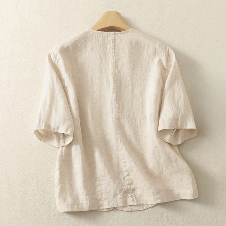 Buddha Stones Summer Solid Color V-Neck Buttons Simple Design Women's Short Sleeve Shirt - image 5