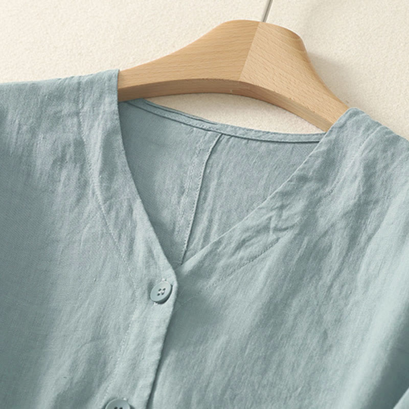 Buddha Stones Summer Solid Color V-Neck Buttons Simple Design Women's Short Sleeve Shirt - image 1