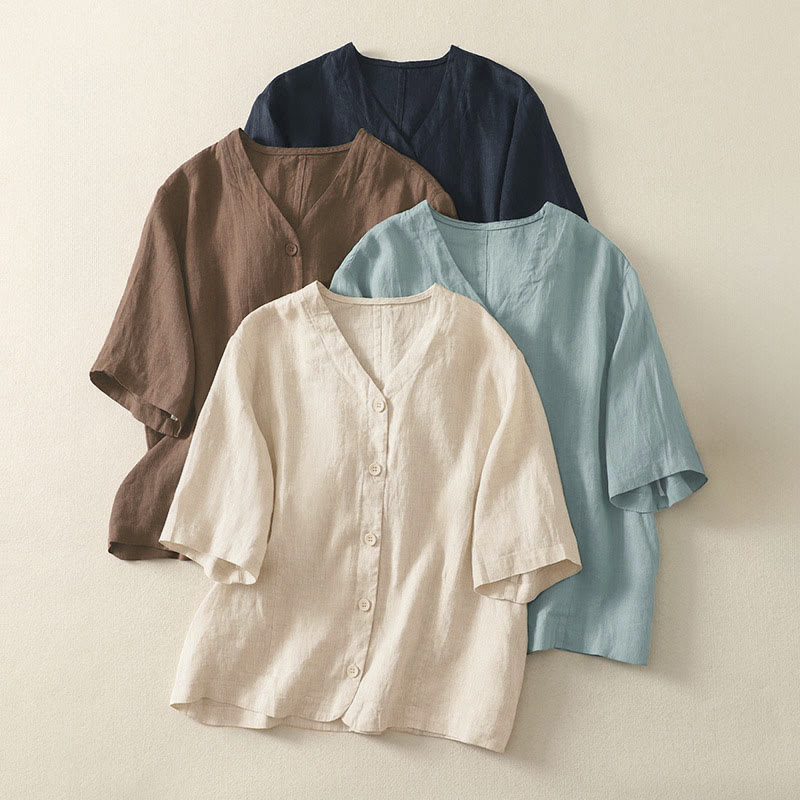 Buddha Stones Summer Solid Color V-Neck Buttons Simple Design Women's Short Sleeve Shirt - image 22
