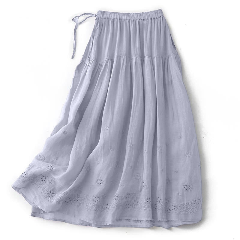 Buddha Stones Embroidery Hollow Design A-line Drawstring High Waist Women's Skirt With Pockets - image 1