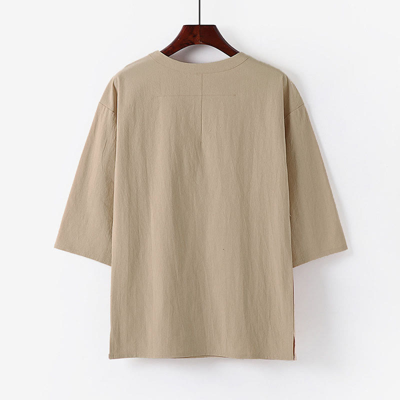Buddha Stones Summer Casual Crew Neck Men's Elbow-Length Sleeve Cotton Linen T-Shirt - image 1