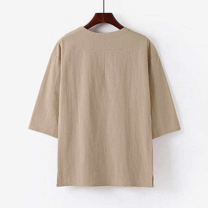 Buddha Stones Summer Casual Crew Neck Men's Elbow-Length Sleeve Cotton Linen T-Shirt - image 1