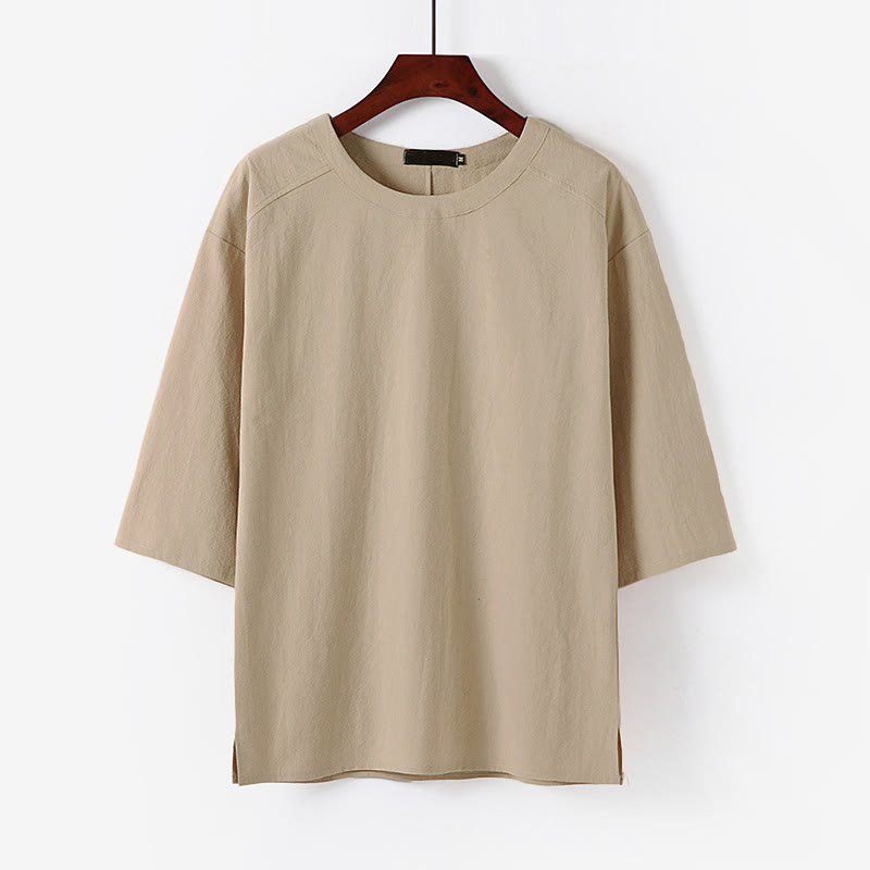 Buddha Stones Summer Casual Crew Neck Men's Elbow-Length Sleeve Cotton Linen T-Shirt - Bisque - US/UK/AU54，EU64 (9XL) - image 0