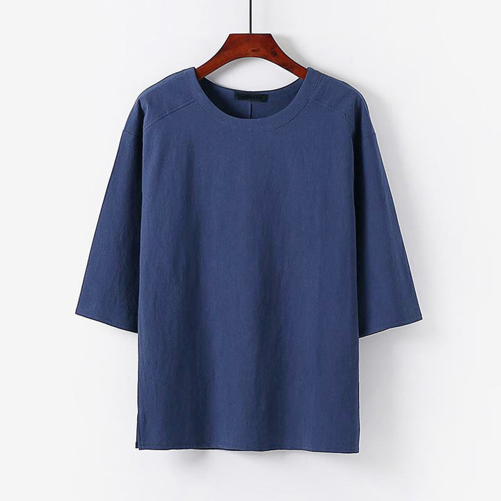 Buddha Stones Summer Casual Crew Neck Men's Elbow-Length Sleeve Cotton Linen T-Shirt - SteelBlue - US/UK/AU54，EU64 (9XL) - image 8