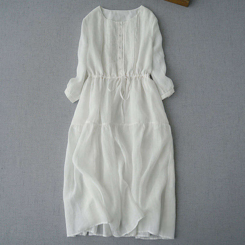 Buddha Stones Summer Vintage Drawstring Button-up Solid Pintuck Design Cotton Women's Short Sleeve Dresses With Pocket - White - US12, UK/AU16, EU44 (2XL) - image 6