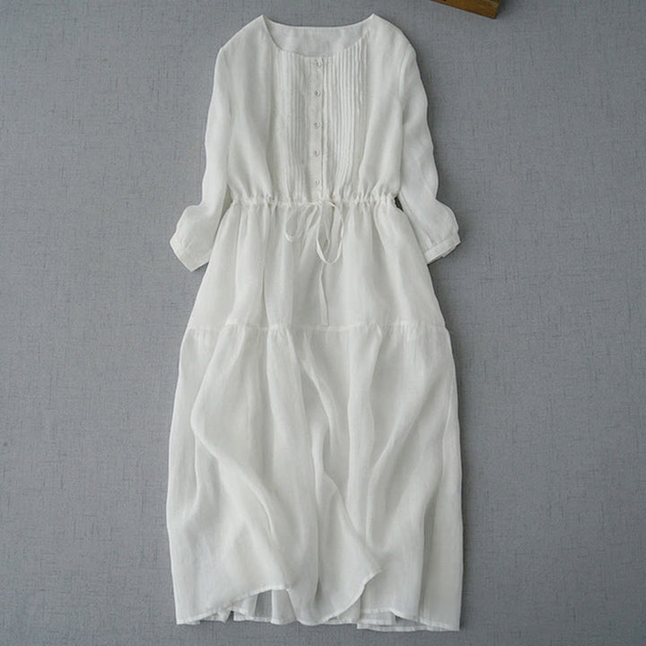Buddha Stones Summer Vintage Drawstring Button-up Solid Pintuck Design Cotton Women's Short Sleeve Dresses With Pocket - White - US12, UK/AU16, EU44 (2XL) - image 6