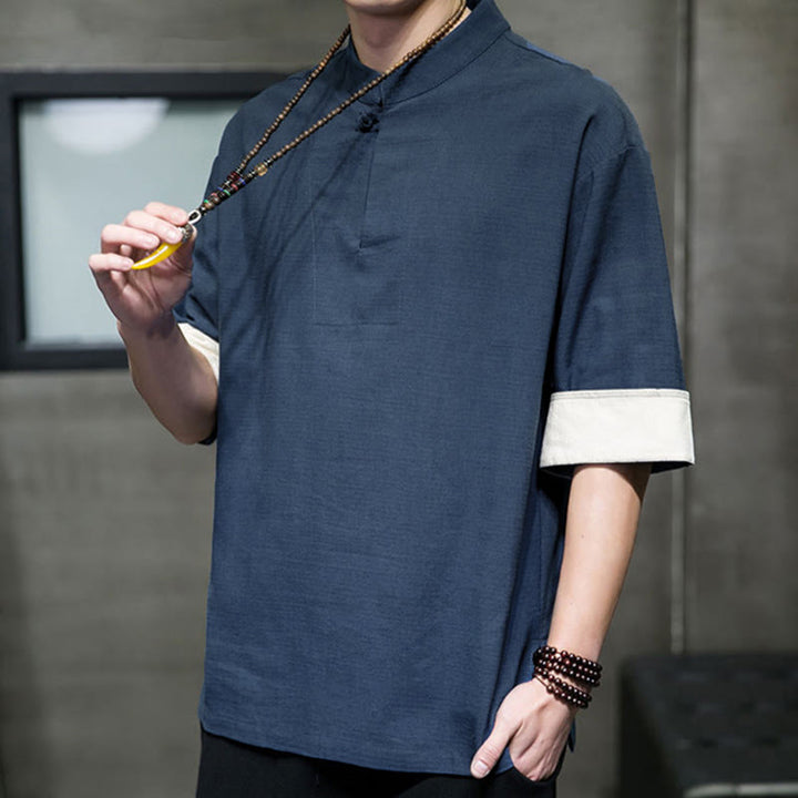 Buddha Stones Summer Tang Style Mandarin Collar Solid Men's Short Sleeve Shirts - image 5