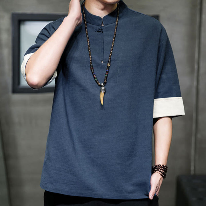 Buddha Stones Summer Tang Style Mandarin Collar Solid Men's Short Sleeve Shirts - image 6