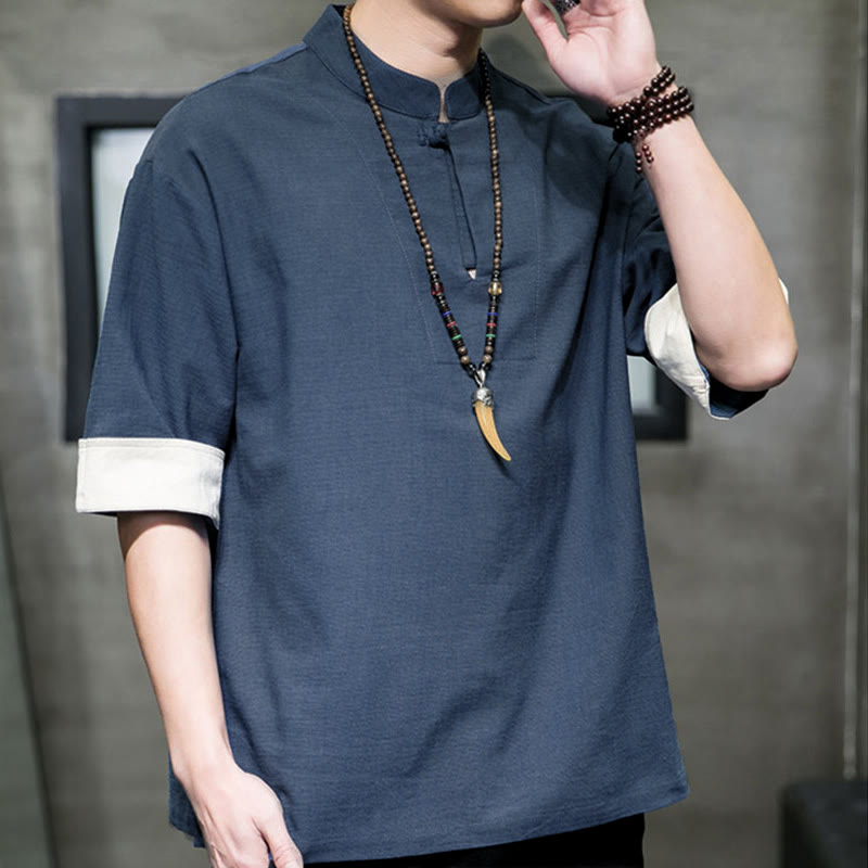 Buddha Stones Summer Tang Style Mandarin Collar Solid Men's Short Sleeve Shirts - image 2