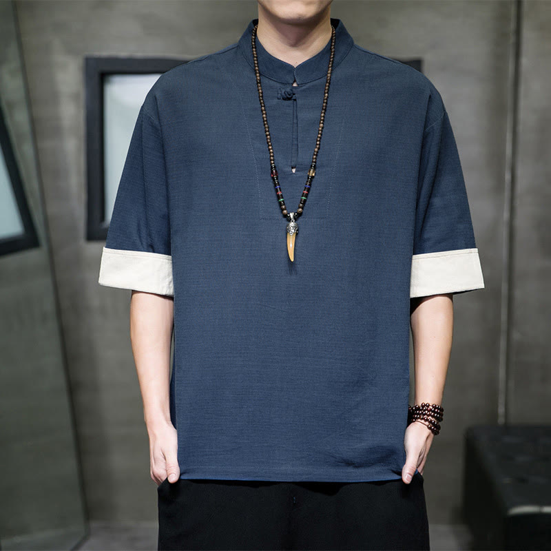 Buddha Stones Summer Tang Style Mandarin Collar Solid Men's Short Sleeve Shirts - SteelBlue - US/UK/AU46, EU56 (5XL) - image 0