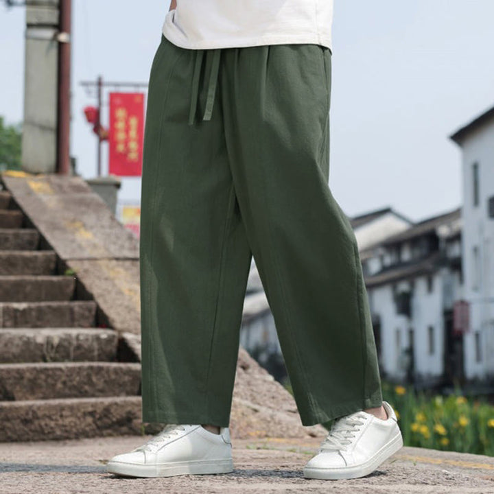 Buddha Stones Summer Casual Minimalist Drawstring Solid Cotton Long Pants Men's Harem Pants With Pocket - image 30