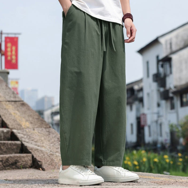 Buddha Stones Summer Casual Minimalist Drawstring Solid Cotton Long Pants Men's Harem Pants With Pocket - image 28